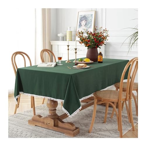 Tischdecke, rechteckig, dunkelgrün, 140 x 200 cm, waschbar, Baumwollbezug mit weißem Samtballbesatz, für Picknicks, Partys und Abendessen im Freien von Generisch