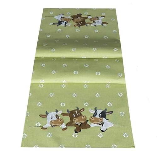 Tischdecke Mitteldecke Tischläufer Mint grün Kurbelstickerei Kühe weiße Blümchen Landhausstil Bauernhaus (40 x 85 cm) von Generisch