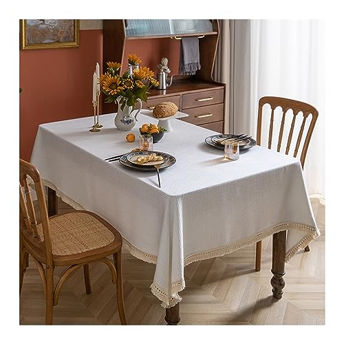 Tischdecke Waffel Weiß Grau mit Quasten Polyester Waschbar für Küche Esszimmer Couchtisch Party Events 90 x 150 cm Stilvolle Tischwäsche von Generisch