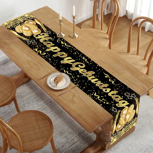 Tischläufer Geburtstag Schwarz Gold, Tischdecke Geburtstag mit Konfetti, Happy Birthday Tischläufer zum Geburtstag, Tischdeko Geburtstag für Junge Mädchen Party Geburtstagsdeko(180X30cm) von Generisch