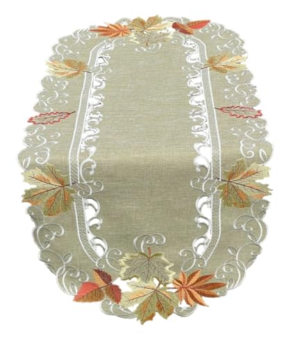 Tischläufer Tischdecke Mitteldecke Deckchen Leinen-Optik Herbst Blätter Grün (ca. 45x110 cm oval) von Generisch