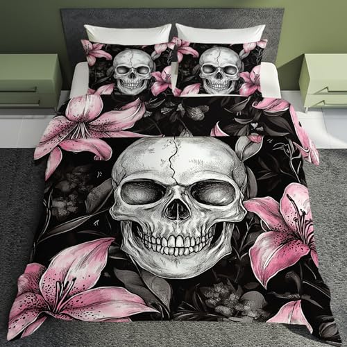 Totenkopf Deko - Winter Bettwäsche 135x200 Totenkopf, Gothic Rosa Blumen Bettbezug 135 x 200 2er Set mit 1 Kissenbezug 80x80, Weiche Mikrofaser Winterbettwäsche mit Reißverschluss Q&*46 Totenkopf Deko - Winter Bettwäsche 135x200 Totenkopf, Gothic Rosa Blumen Bettbezug 135 x 200 2er Set mit 1 Kissenbezug 80x80, Weiche Mikrofaser Winterbettwäsche mit Reißverschluss Q&*46 von Generisch