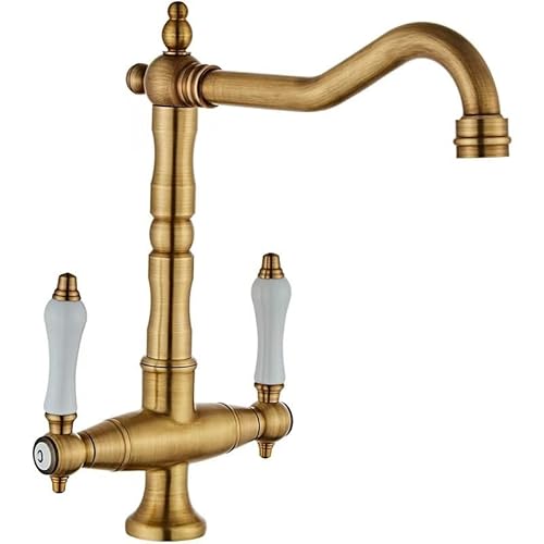 Traditionelle Küchenarmatur, massives Messing, Doppelgriff, Keramikmischer, antikes Bronze-Finish, klassisches Design für Zuhause, langlebige und stilvolle Küchenspüle von Generisch