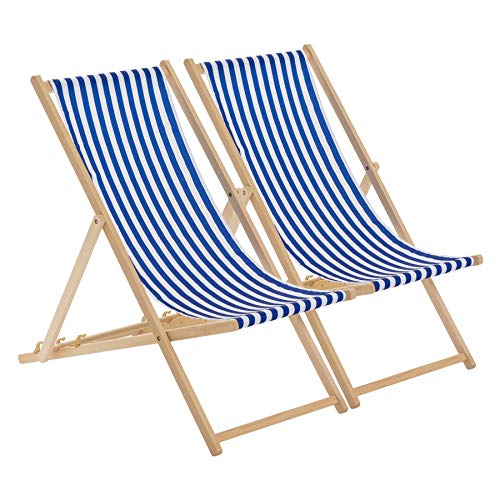 Traditioneller faltbarer Holzliegestuhl – Einzelpackung für Erwachsene – Outdoor-Sonnenliege aus Segeltuch für Garten, Terrasse, Strand, Camping (marineblaue Streifen, 2er-Set) von Generisch