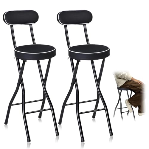 Tragbare, zusammenklappbare Barhocker, 2er-Set, schwarz, rund, zusammenklappbar, hoher Barhocker mit gepolsterter hoher Rückenlehne, für Küche, Frühstück, 55 cm, faltbarer Hochstuhl von Generisch