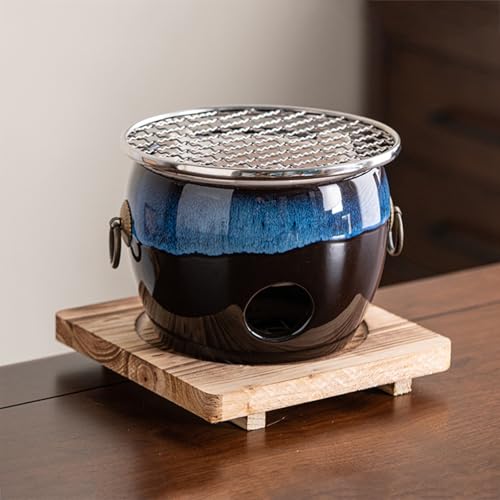 Tragbarer Keramikkohleofen, kleiner Holzkohleofen für Zuhause, inklusive Metallschüssel & Holzmatte, ideales Camping-Grillwerkzeug (schwarz) von Generisch
