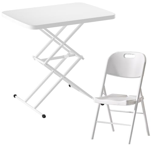 Tragbarer Klapptisch, 65 x 45 cm, höhenverstellbar, Outdoor-Campingtisch, Garten-Picknick-Tisch für Catering, Party, Frühstück (weiß + quadratischer Stuhl) von Generisch