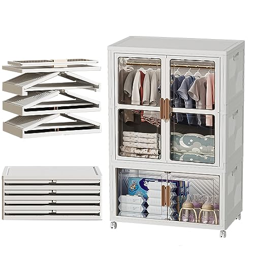 Tragbarer Kleiderschrank mit Kleiderstange, 3 Etagen, aus Kunststoff, faltbar, Aufbewahrungskörbe, transparente Tür und Räder, groß, zusammenklappbar, stapelbar, für Schlafsaal Tragbarer Kleiderschrank mit Kleiderstange, 3 Etagen, aus Kunststoff, faltbar, Aufbewahrungskörbe, transparente Tür und Räder, groß, zusammenklappbar, stapelbar, für Schlafsaal von Generisch