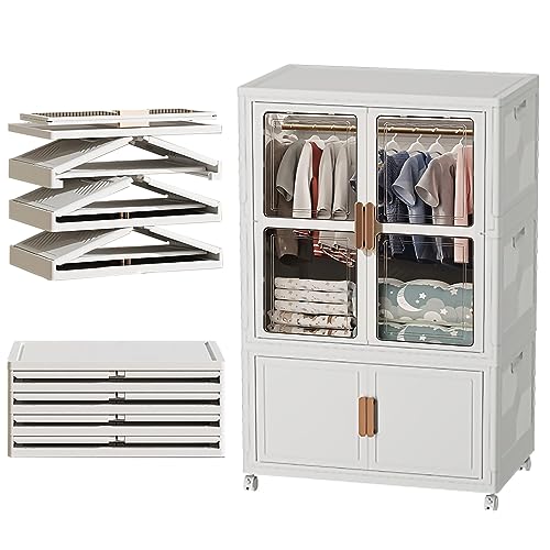 Tragbarer Kleiderschrank zum Aufhängen von Kleidung, mit transparenter Tür und Rollen, 3 Ebenen, groß, zusammenklappbar, stapelbar, für Schlafsaal Tragbarer Kleiderschrank zum Aufhängen von Kleidung, mit transparenter Tür und Rollen, 3 Ebenen, groß, zusammenklappbar, stapelbar, für Schlafsaal von Generisch
