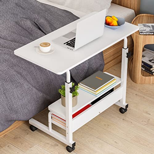 Tragbarer Laptop-Schreibtisch mit Rollen, höhenverstellbar, neigbarer Tablett, Tisch für Nachttisch und Sofa, mobiler Laptopwagen mit Überbett (weiß) von Generisch