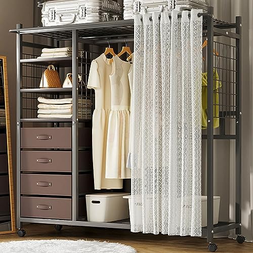 Tragbarer Rollschrank mit Schubladen, mobiler Metallschrank mit Kleiderstange, staubdichte Vorhänge, Kleidung für Schlafzimmer und Wohnzimmer (Farbe: ) von Generisch