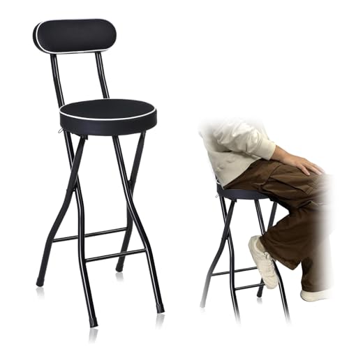 Tragbarer klappbarer Barhocker, hoher Küchenhocker mit gepolsterter Rückenlehne, schwarzer zusammenklappbarer Hochstuhl für Frühstück, kompaktes faltbares Design (65 cm, 1 Stück) von Generisch