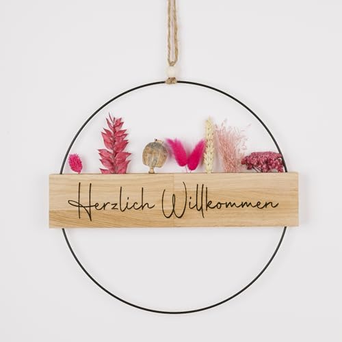 Trockenblumenkranz - Türkranz Herzlich Willkommen - Türkranz Trockenblumen - Türkranz personalisiert - Willkommensschild - (Trockenblumen Pink) von Generisch