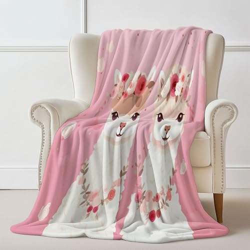 Ultraweich Gemütlich Kuscheldecke Mit Tier Alpaka Blumen Drucken, Rosa Warm Reißfestigkeit Kuscheldecke für Schlafzimmer Wohnzimmer Sofa Dekoration Klimaanlagendecke - 180 x 200 cm von Generisch