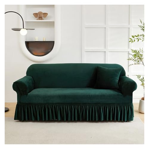 Universal Stretch Samt Sofabezug mit Rock, Eleganter Waschbarer Couchschutz für Wohnzimmer, Büro, Hotel (Grün, passend für 5-Sitzer) von Generisch