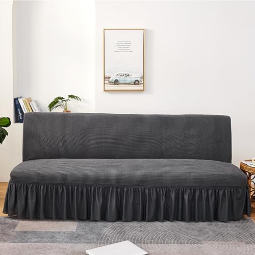 Universeller Stretch-Sofabezug ohne Arme, einfarbig, Futon-Schutz für 1/2/3/4-Sitzer, gerüschtes Rock-Design, schwarz, große Größe, Möbelschonbezug von Generisch