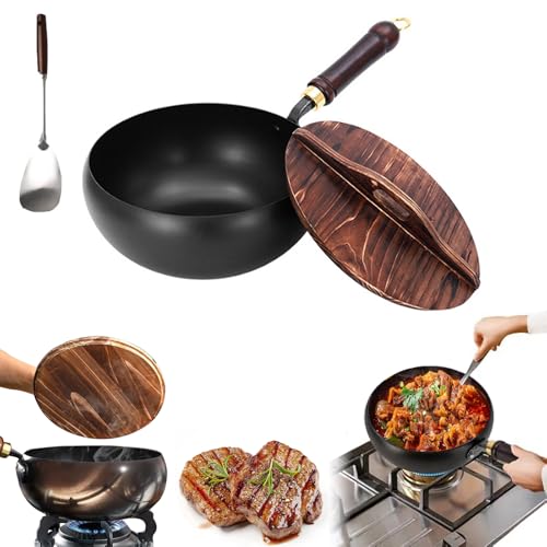Usceshonn Iron Pot, 2025 Uncoated Thick Iron Pot, Handmade Hammered Large Belly Pots with Wooden Lid/Glass Cover, Easy to Clean, for Baking, Cooking, Stewing (Wood Cover*B,9.44in/24cm) von Generisch