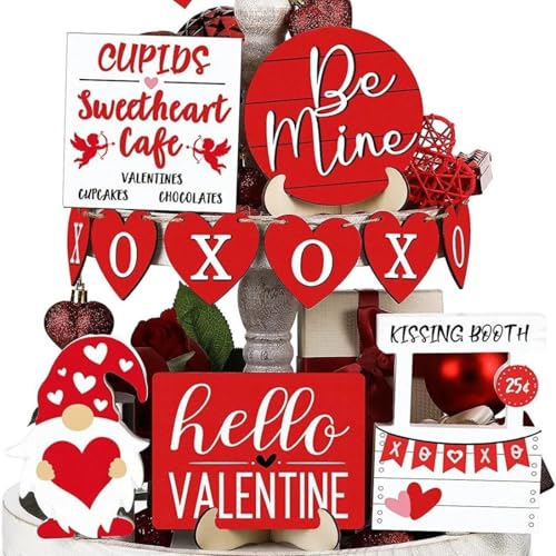 Valentinstags Deko gestuftes Tablett Hello Valentine rotes Herz Be Mine XO XO GNOME Cupid Holzschild Tischdekoration Geschenk zum Jahrestag für Ihn Valentinstag Deko Valentine von Generisch