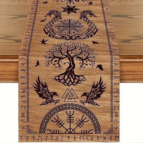 Valknut Rabe Vegvisir Holz-Optik Wikinger Tischdecke Tischläufer Untersetzer Deko von Generisch