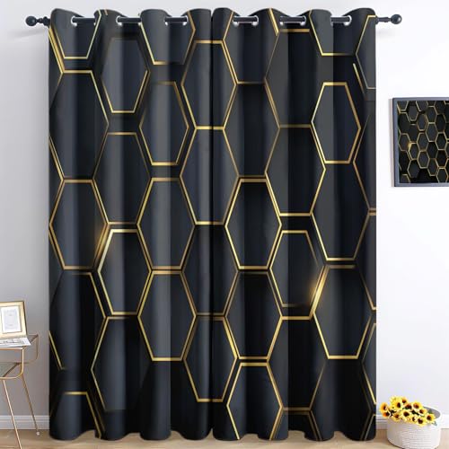 Verdunklungsvorhänge Schwarz Gold Geometrisches Wabenmuster H183 x B117cm Vorhang Blickdicht Wohnzimmer Modern Gardinen Sonnenschutz Verdunkelungsvorhang für Kinderzimmer 2er Set von Generisch
