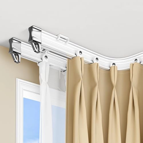 Verstellbare Doppel-Vorhangschiene, leise, flexibles Vorhangsystem für Erkerfenster, gebogene Deckenschiene für Plissee-Vorhänge, perfekt für Heimdekoration und einfache Installation. von Generisch