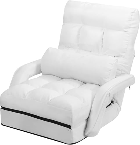 Verstellbares, faltbares Schlafsofa, 5 Positionen, umwandelbarer Bodenstuhl mit Armlehnen und Kissen, bequemer Schlafsessel für Wohnzimmer und Schlafzimmer, Weiß von Generisch