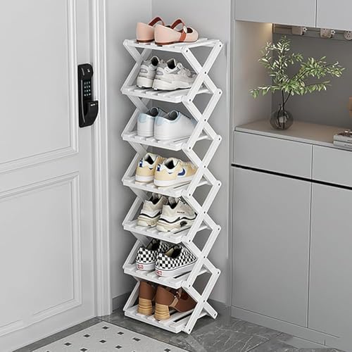 Vertikales Schuhregal aus Holz mit 7 Ebenen – platzsparender schmaler Organizer für Eingangsbereich, Schrank, Flur & Wohnzimmer – faltbares, freistehendes Regal in Natur-Finish von Generisch