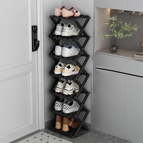 Vertikales Schuhregal mit 6 Ebenen, schwarz, schmal, faltbar für kleine Räume, freistehendes Aufbewahrungsregal für Eingangsbereich, Flur, Schrank, Wohnzimmer, Eckaufbewahrungslösung Vertikales Schuhregal mit 6 Ebenen, schwarz, schmal, faltbar für kleine Räume, freistehendes Aufbewahrungsregal für Eingangsbereich, Flur, Schrank, Wohnzimmer, Eckaufbewahrungslösung von Generisch