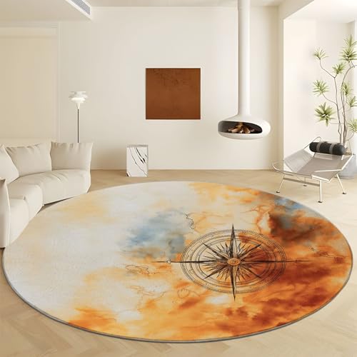 Vintage Aquarell Stil Kompass Teppich Runder Ø 100 cm, Waschbar Anti Rutsch Kurzflorteppich - Gelb Flauschig Weich Runder Teppich for Wohnzimmer Schlafzimmer Heim Büro Dekor von Generisch