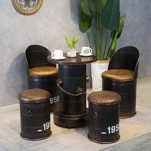 Vintage Barhocker, Barstuhl, Ölfasstische und Eisen Vintage Aufbewahrungshocker Retro Industriestil Cafe Freizeit Öltrommel Kombination, 5-teiliger Anzug, Einheitsgröße von Generisch