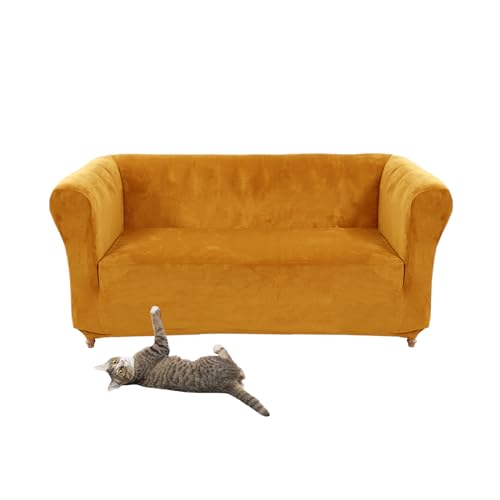 Vintage Gelb Stretch Samt Chesterfield Sofabezug mit Sitzkissen für geschwungenes Sofa & Sessel - Eleganter Couchschutz Pflegeleicht von Generisch