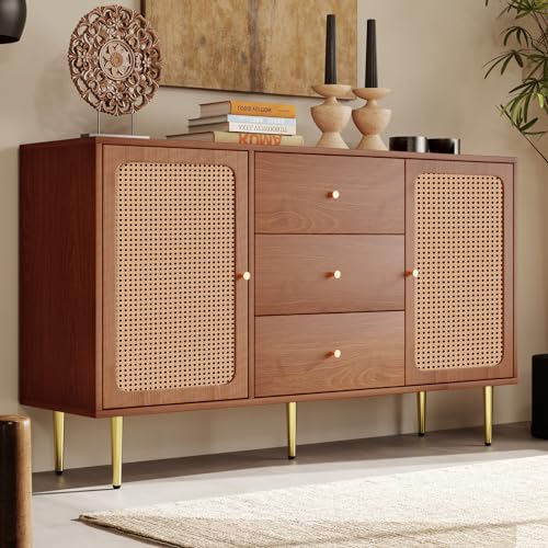 Vintage Kommode mit 6 Schubladen, Walnussholz-Finish & Rattan-Akzente, elegantes hohes Sideboard mit Metallbeinen, abgerundetes Sicherheitsdesign für Schlafzimmer & Wohnräume Vintage Kommode mit 6 Schubladen, Walnussholz-Finish & Rattan-Akzente, elegantes hohes Sideboard mit Metallbeinen, abgerundetes Sicherheitsdesign für Schlafzimmer & Wohnräume von Generisch