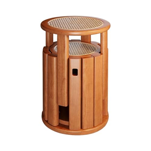 Vintage Massivholz Runder Hocker - 4-in-1 stapelbarer Ess- & Couchtisch mit gewebtem Rattansitz und Rollen - Stilvolle Fußstütze für Wohnzimmer & Küche von Generisch