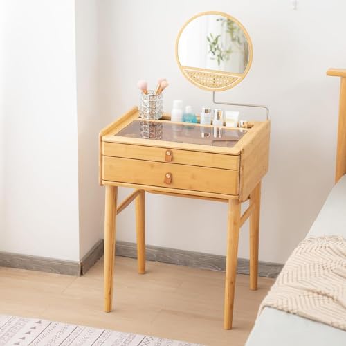 Vintage Massivholz Schminktisch Set mit Spiegel 2 Schubladen und Hocker Stuhl und stabilem Schlafzimmer Schminktisch von Generisch