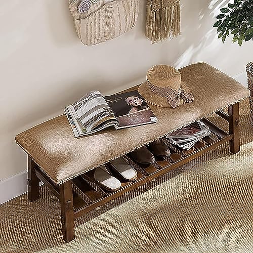 Vintage-Schuhbank aus Holz mit weichem Kissen, stilvoller Aufbewahrungs-Organizer und Nachttisch-Sitz, Retro-Schnallen-Design für Flur und Schlafzimmer Vintage-Schuhbank aus Holz mit weichem Kissen, stilvoller Aufbewahrungs-Organizer und Nachttisch-Sitz, Retro-Schnallen-Design für Flur und Schlafzimmer von Generisch