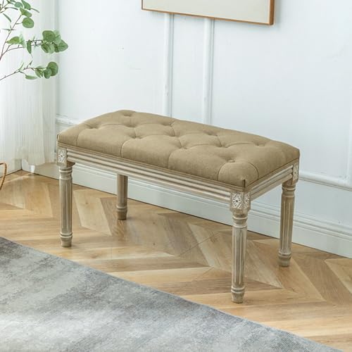Vintage Stoffbank mit Schnitzerei und geknöpftem Sitz, perfekt für Eingangsbereich, Schlafzimmer oder Esszimmer Vintage Stoffbank mit Schnitzerei und geknöpftem Sitz, perfekt für Eingangsbereich, Schlafzimmer oder Esszimmer von Generisch