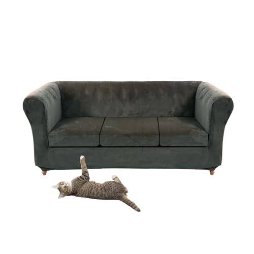 Vintage Stretch Samt Chesterfield Sofabezug - Dunkelgrau Couchschutz mit Sitzkissenbezug für 3-Sitzer & 3 kleine Sitze - Elegantes Möbel-Upgrade von Generisch
