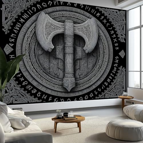 Vintage Wikinger Axt Schild Fototapete Grau Vliestapete Seidetapete, 250 x 175 cm Motivtapeten Poster für Schlafzimmer Wohnzimmer Flur Panorama Bilder Dekoration von Generisch