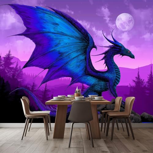 Violett 3D Effekt Panorama Fototapete 400 x 280 cm (B x H), Fantasie Tier Blauer Drache Design Wandtapete – Wanddekoration für Wohnzimmer und Schlafzimmer von Generisch