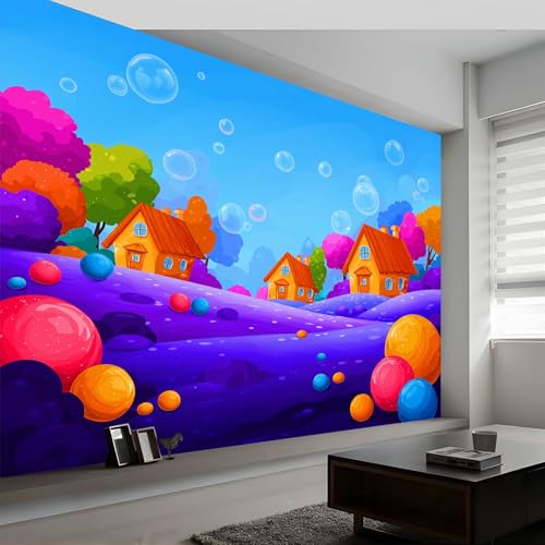 Violett Fototapete, Cartoon Häuser Süßigkeiten Moderne Vlies-Tapete 400 x 280 cm (B x H) – Wanddekoration mit Design für Wohnzimmer und Schlafzimmer von Generisch