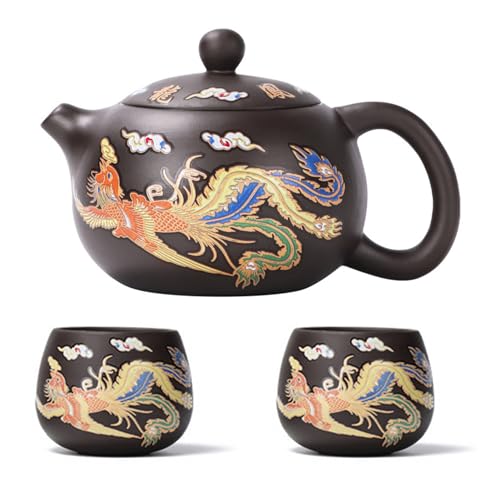 Violettes Ton-Teekannen-Set, Drachen, Phönixs, farbwechselnd, handgefertigt, violetter Ton, Teekanne, Tee-Set, einfache Reinigung, Gongfu-Teekanne, Geschenk für Teeliebhaber, Anzug 2 von Generisch