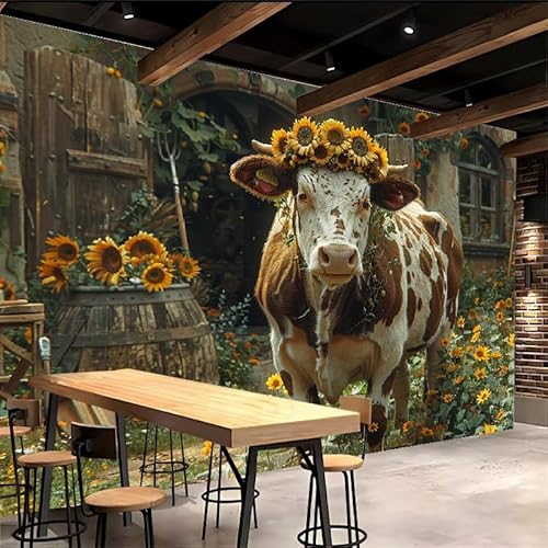 Vlies Fototapete 150x105cm Kuh Mit Kranz Selbstklebende Vliestapete - Atmungsaktiv & Schimmelhemmend - Tier Wandtapete Bildtapete 3d Effekt Für Wohnzimmer Schlafzimmer von Generisch