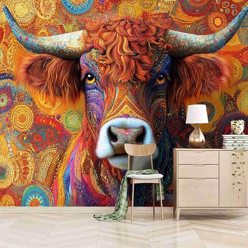 Vlies Fototapete 200x140cm Mehrfarbiges Gemälde Einer Kuh Selbstklebende Vliestapete - Atmungsaktiv & Schimmelhemmend - Tier Wandtapete Bildtapete 3d Effekt Für Wohnzimmer Schlafzimmer von Generisch