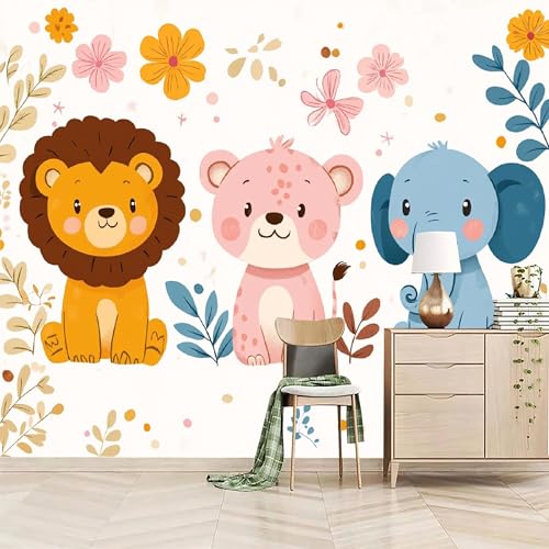 Vlies Fototapete 400x280cm Cartoon Löwe Leopard Elefant Selbstklebende Vliestapete - Atmungsaktiv & Schimmelhemmend - Anime-Zeichnung Wandtapete Bildtapete 3d Effekt Für Wohnzimmer Schlafzimmer von Generisch