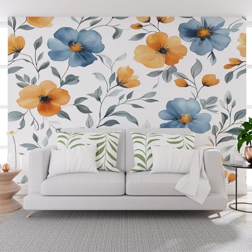 Vlies Fototapete Aquarell Pflanzen Hibiskus Blau 500x280cm (B x H) - Foto Tapete Schlafzimmer Wohnzimmer Moderne Vliestapete Vintage Pflanzen Blumen Wandtapete Motivtapeten 3d Effekt Wand Dekoration von Generisch
