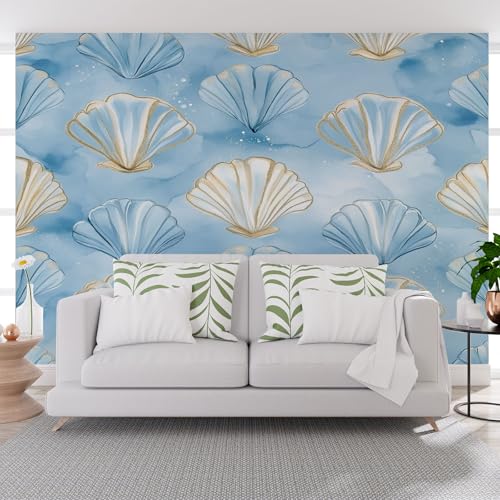 Vlies Fototapete Gemalte Kunst Geometrie Muscheln 400x280cm (B x H) Wandtapete Tapeten Wohnzimmer Schlafzimmer Jugendzimmer Büro Flur Moderne Design Wand Dekoration Tapete Marine Leben Muschel Blau von Generisch