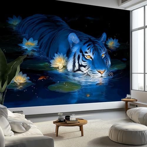 Vlies Fototapete Kunststil Tapete 300 x 210 cm (B x H), Moderne Vliestapete 3d Effekt Wand Dekoration Tier Tiger Blumen Motivtapeten Wandtapete Wohnzimmer Restaurant Kinderzimmer von Generisch