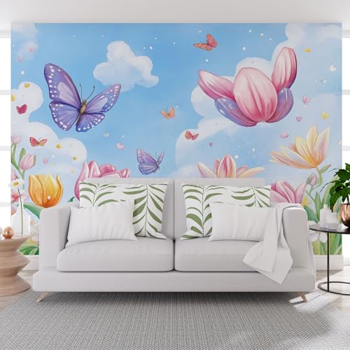 Vlies Fototapete Natur Pflanzen Blumen Schmetterlinge 500x280cm (B x H) Fototapeten für Wohnzimmer Schlafzimmer - Natur Blumen Schmetterling Vliestapete Wandtapete Tapete 3D Effekt Wand Dekoration von Generisch