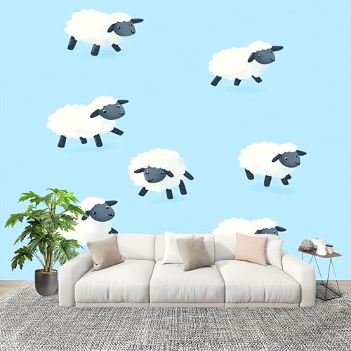 Vlies Wandbild 200x140cm Cartoon Tier Schafe Fototapeten Wasserdicht Kunstdrucke Wanddeko Hellblau Fototapete für Schlafzimmer Spielzimmer Küche Heimdekoration Wandtattoo von Generisch
