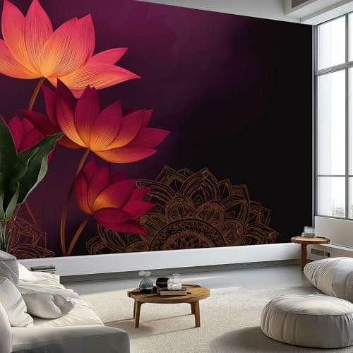 Vliestapete Wandtapete 300 x 210 cm (B x H), Elegant Minimalistisch Blumen Lotus Panorama Fototapete Dekoration - Magenta Tapete UV-Beständig Für Mädchen Jungs Schlafzimmer Wohnzimmer von Generisch